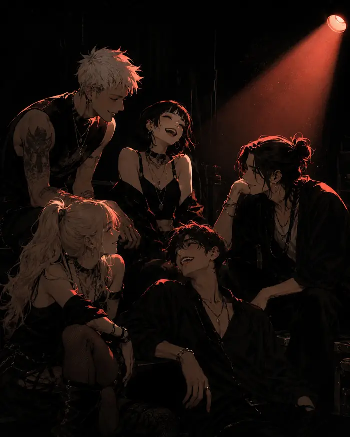 A crew of characters hanging out together on an intimate stage, lit by a single warm coral spotlight.